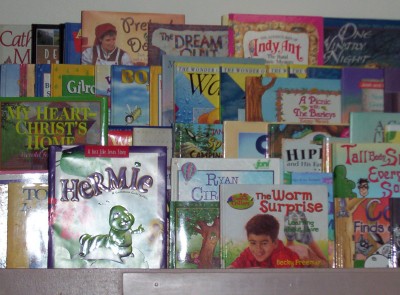 Photo of some of the children's books available at the First Baptist Church library.